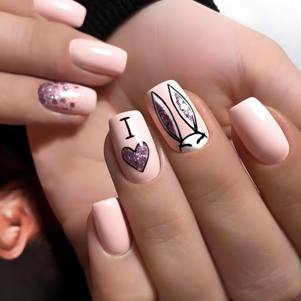 Purple Easter Press On Nails With Bunny Designs, Glitter Medium Square Fake Nails, Reusable Set
