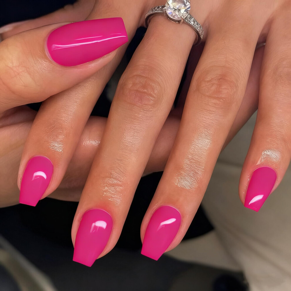 Pink Glossy Hot Coffin Press On Nails Medium Length Glue On Fake Nails For Women