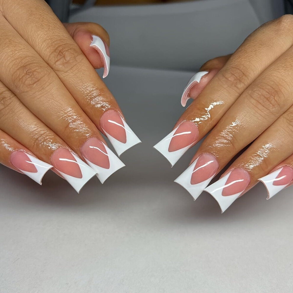 White French Tip Press On Nails Medium Acrylic Fake Nails Reusable Glue On Set 24PCS