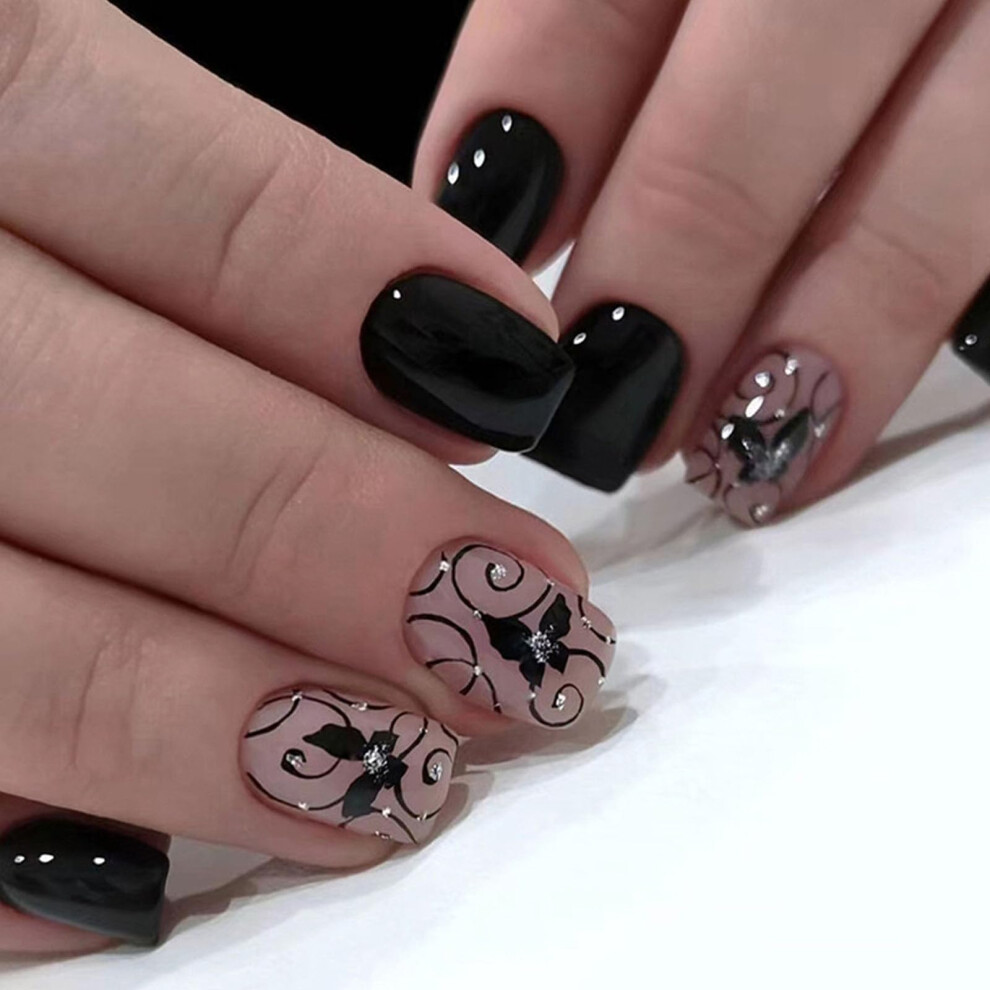Black Press on Nails Short Square with Butterfly Design Glossy Glue on Fake Nails for Women 24Pcs