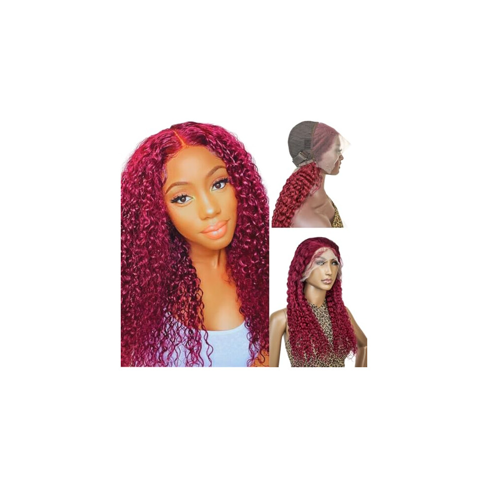 Unisex Red 99J Burgundy Jerry Curl Human Hair Lace Front Wig 14 Inch Glueless Hd Pre Plucked Natural Hairline