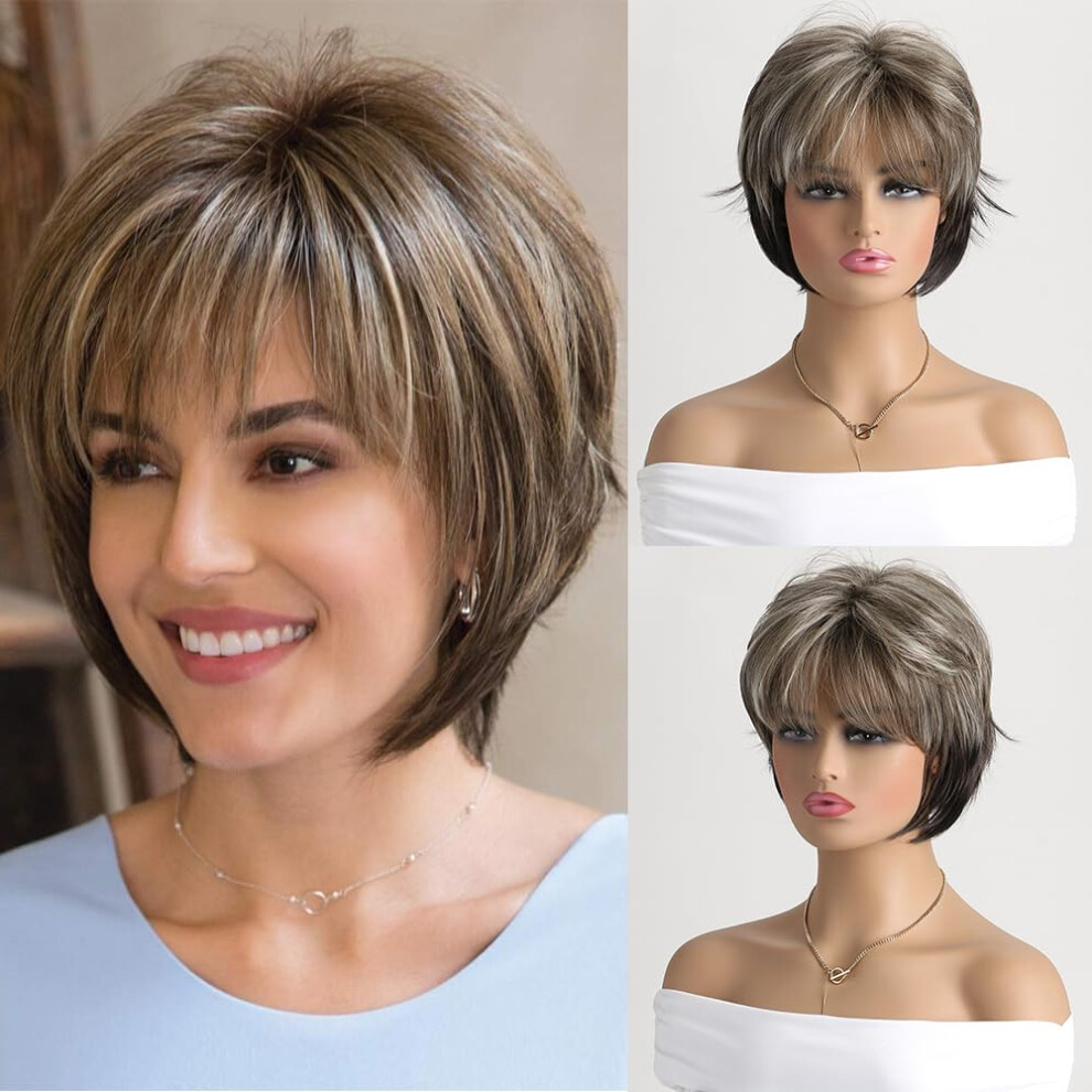 Unisex Brown Pixie Cut Wig Short Layered Synthetic Bob With Side Bangs Natural Look For Women Daily Party