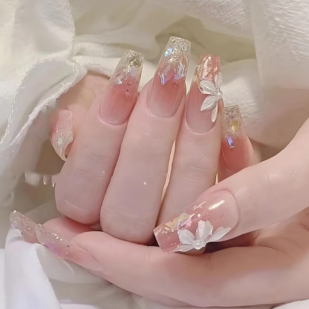 Long Coffin Press On Nails with Rhinestones, Glitter Gradient French Tip Ballerina False Nails 24pcs