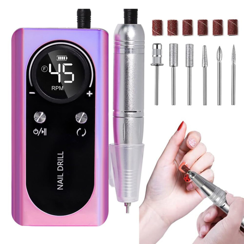 Professional Nail Drill 45000RPM Rechargeable Electric Nail File with LCD Display and Power Bank