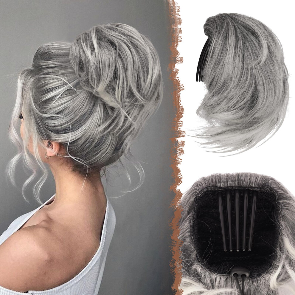 Messy Bun Hair Piece with Comb, Synthetic Ponytail Extension for Women, Gray and White Tips