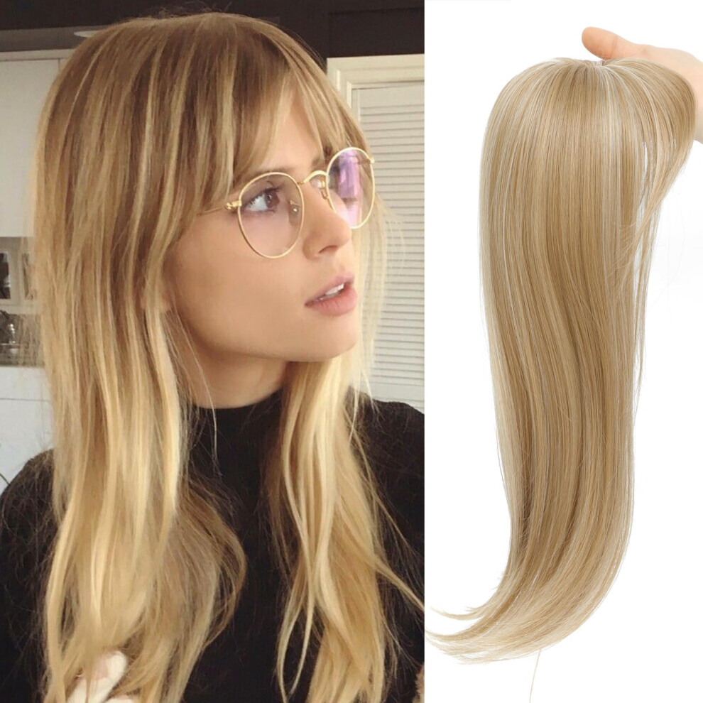 Unisex Hair Topper With Bangs For Thinning Hair Women, Clip In Synthetic Champagne Blonde Topper