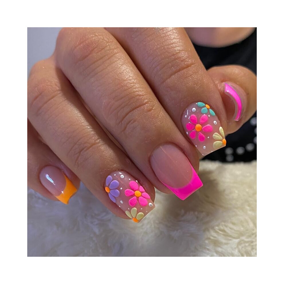 Pink Rhinestone Gel Press On Nails Medium Long Flower Design Reusable Salon Quality Nail Kit