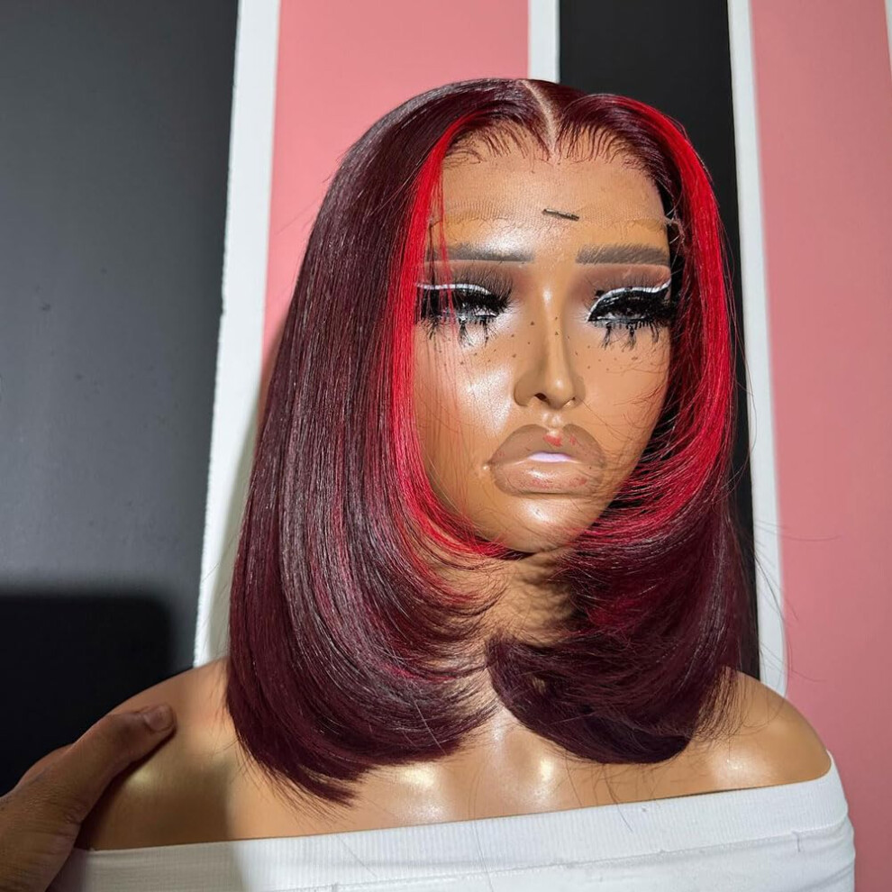 Unisex Red Burgundy 99J 13X4 Laye Bob Human Hair Lace Front Wig Preplucked Glueless 12 Inch