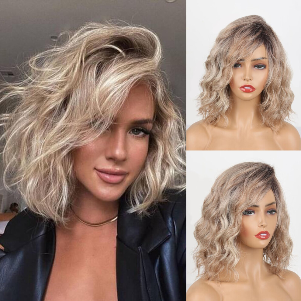 Unisex Dark Blonde Wavy Bob Wig With Bangs And Roots, Synthetic Layered Short Hair For Women