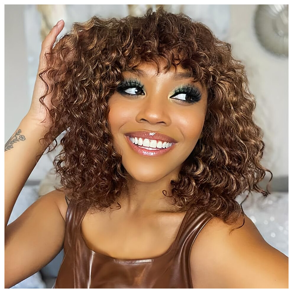 Unisex Black,Brown Ombre Brown Curly Bob Human Hair Wig With Bangs Glueless Brazilian Virgin Hair For Black Women