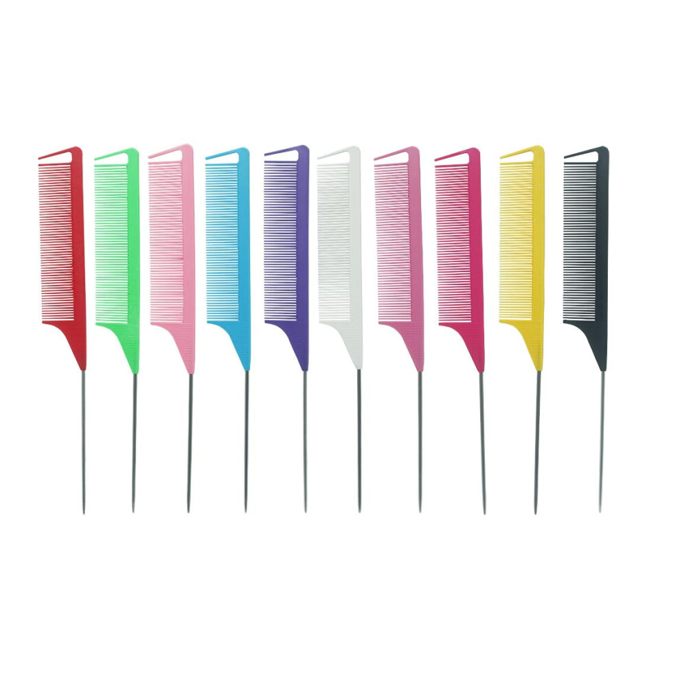 Unisex 10 Pcs Rat Tail Styling Combs Set With Stainless Steel Pintail For Precise Hair Sectioning