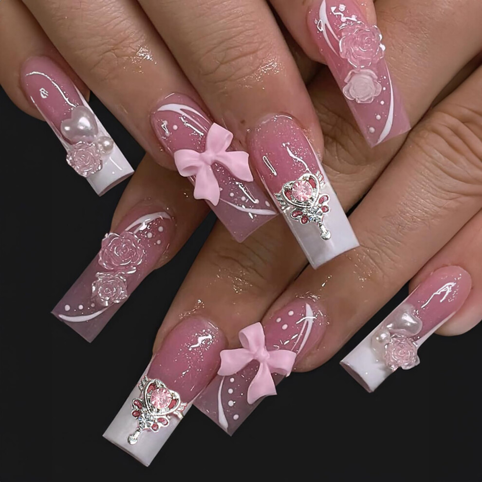 Press On Nails Set 24 Pcs Coffin Fake Nails Pink Bow Tie Love Heart Pearl Ready To Wear Glossy