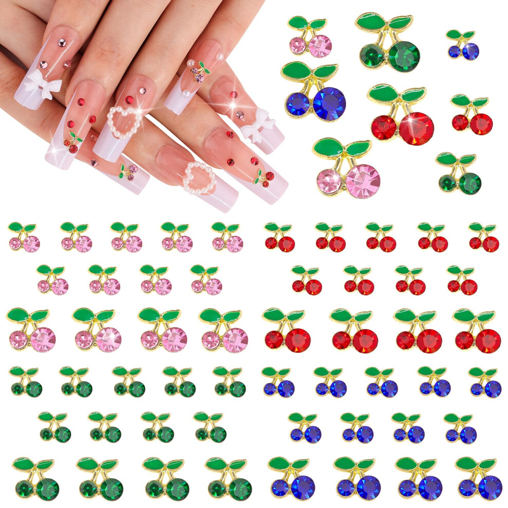 60Pcs 3D Cherry Nail Charms Dual Size MultiColor Rhinestone Nail Art Decorations for Acrylic Nails