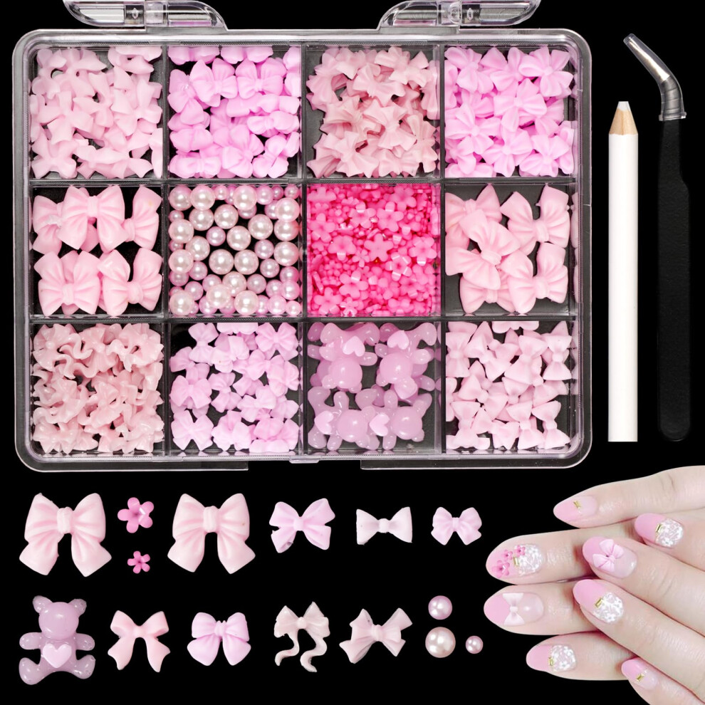 Pink Assorted 3D Nail Charms Set With Bows Pearls Flowers Bears, 12Grid Resin Nail Art Decorations
