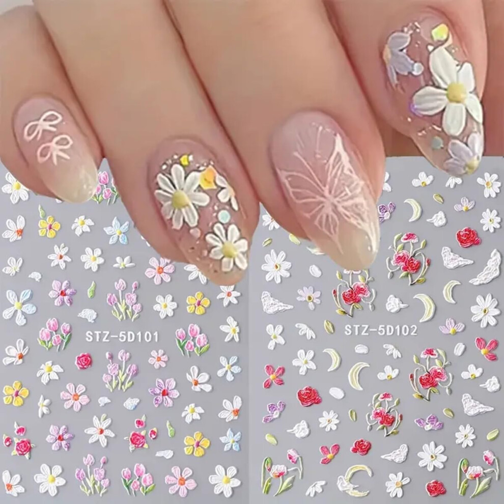 5D Embossed Flower Nail Art Stickers SelfAdhesive Floral Decals for Spring Summer Manicure
