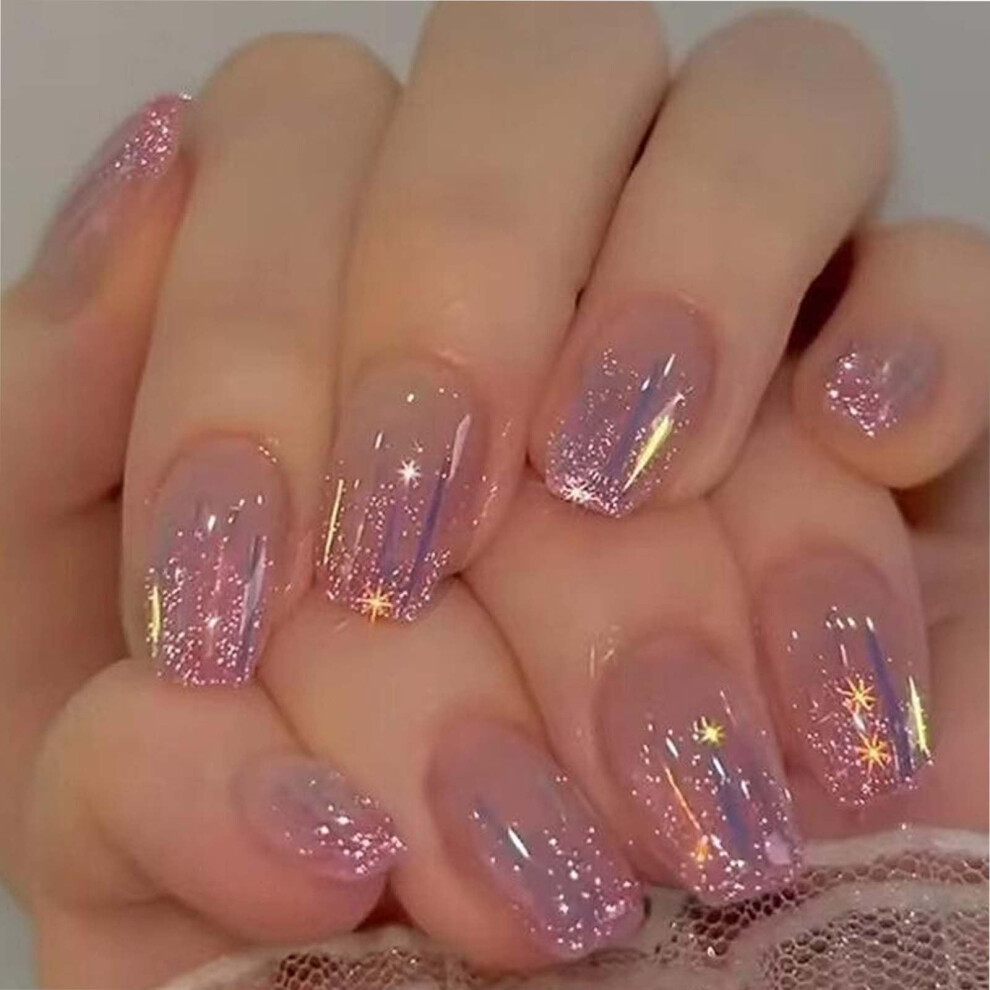 Medium Coffin Press on Nails Glitter Star Pink Purple Fake Nails Reusable Acrylic Nail Tips 24pcs