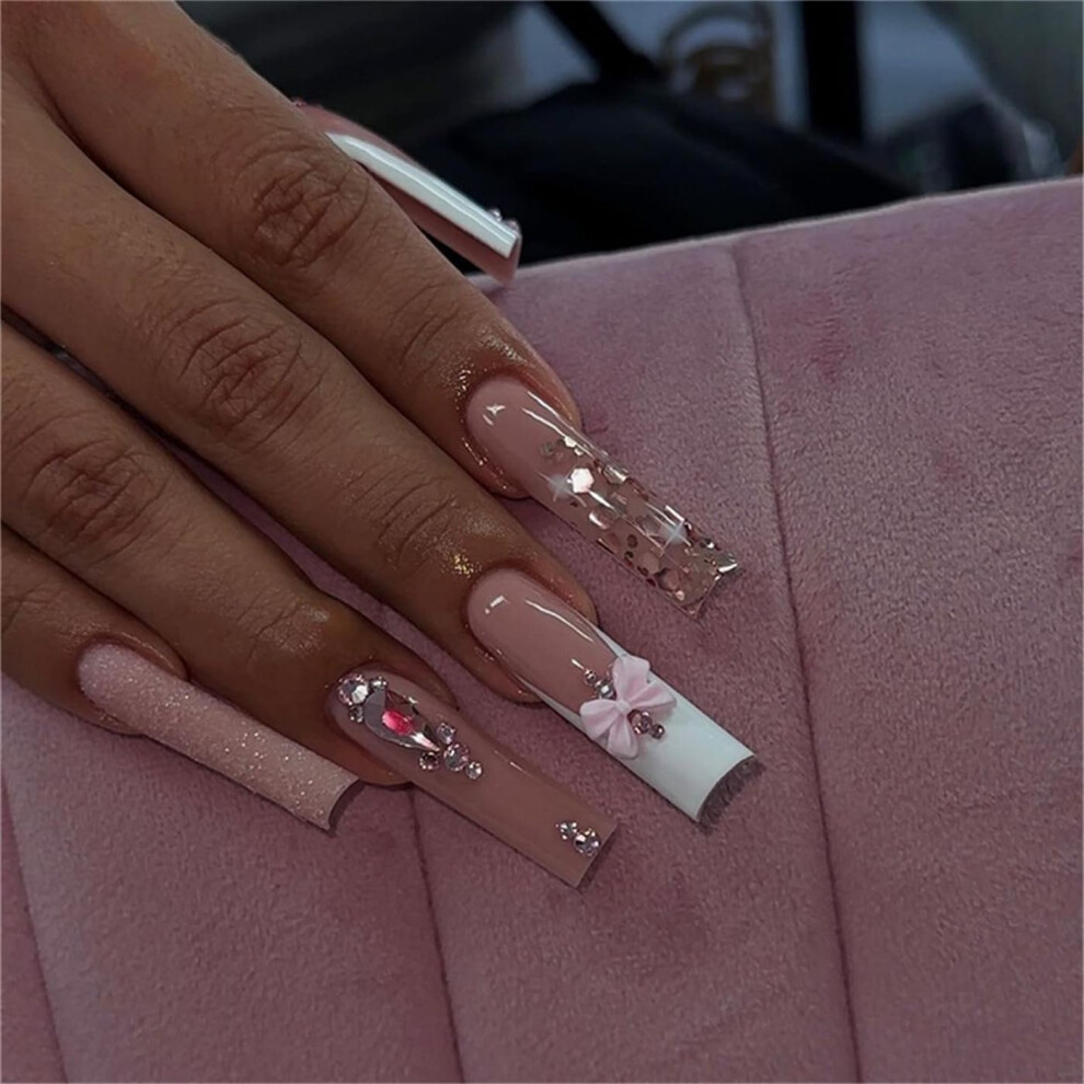 Square Glitter Press on Nails French Tips Full Cover Fake Nails 24pcs Long Lasting Salon Finish