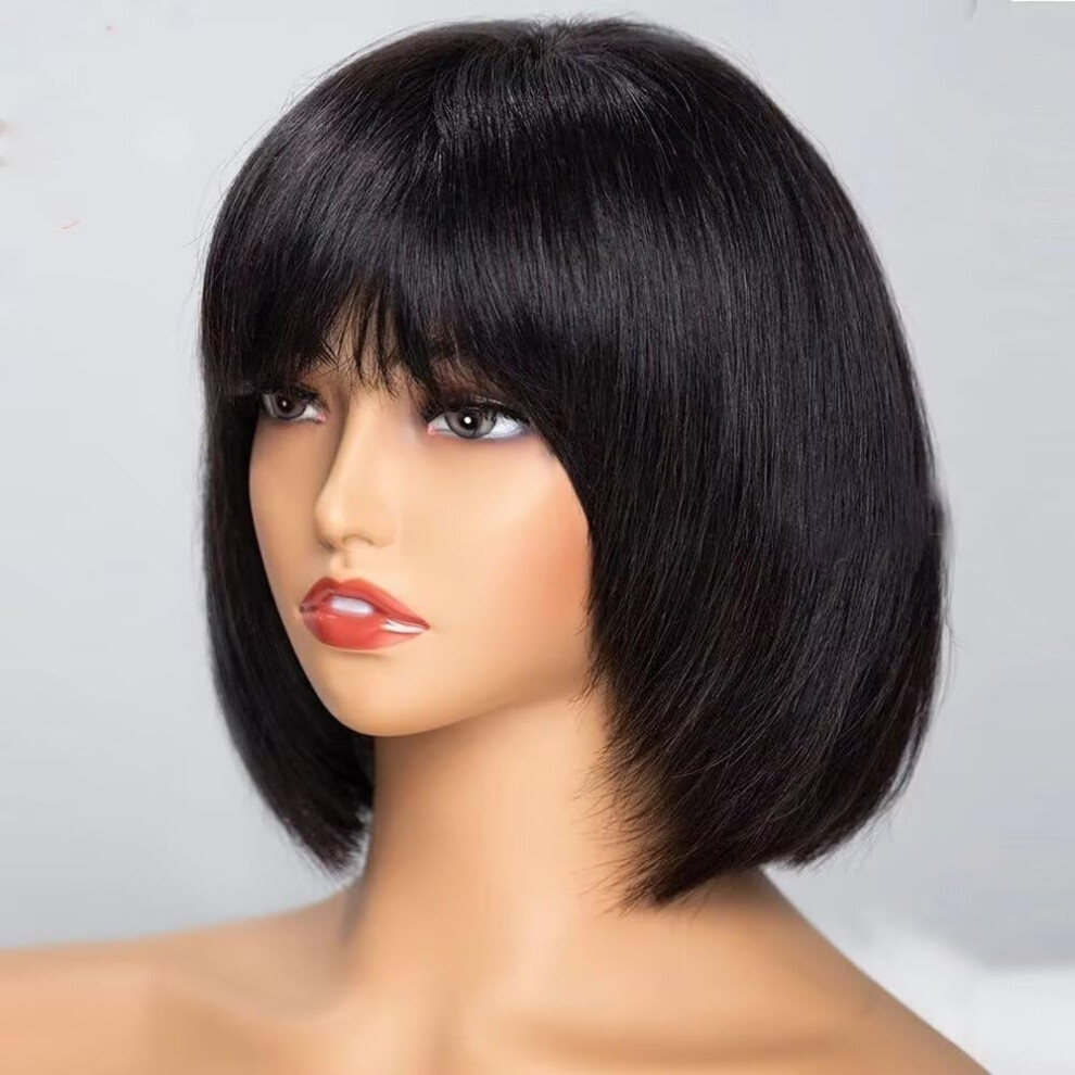 Unisex 8 Inch Brazilian Human Hair Lace Front Bob Wig With Bangs, Glueless Hd Natural Hairline