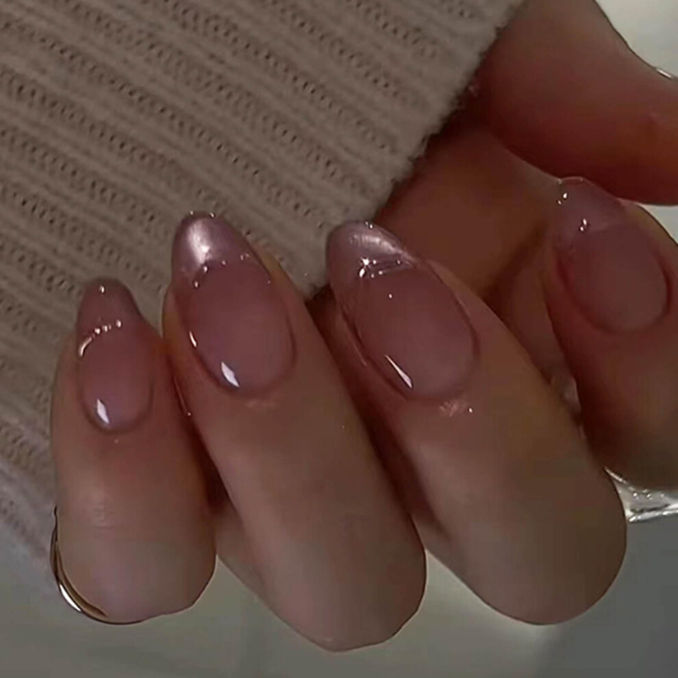 Medium Nude Gradient Press On Nails  Shiny Pink Full Cover Fake Nails Set for Women, 24PCS