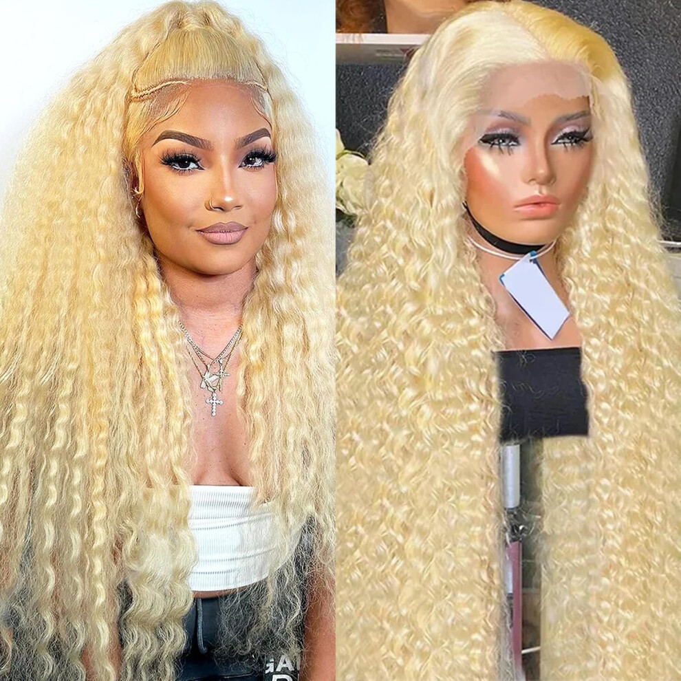 Unisex 613 Blonde Deep Wave Lace Front Wig 13X6 Remy Human Hair Preplucked Bleached Knots