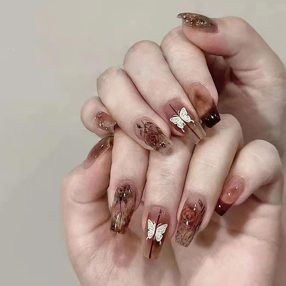 24PCS Medium Length Press on Nails with Adhesive, Reusable Butterfly and Floral Fake Nails for Women