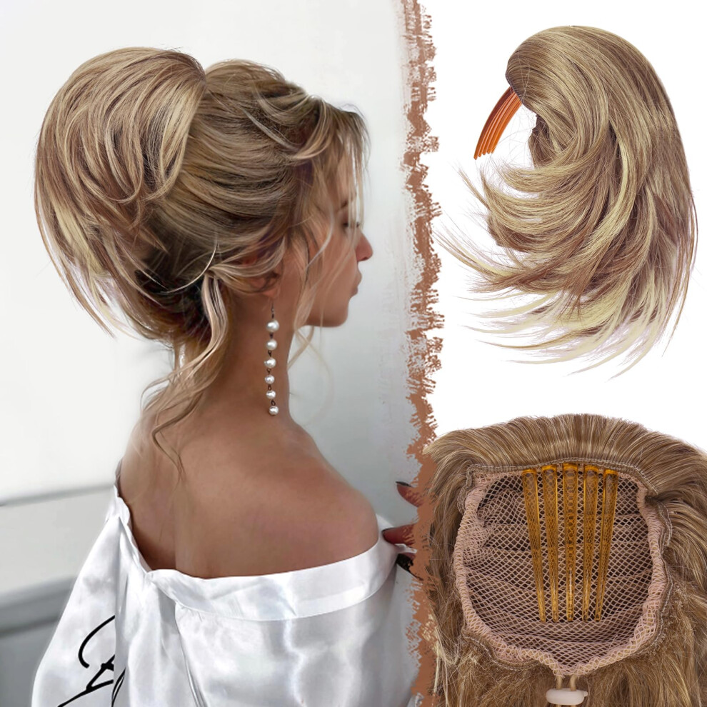 Messy Bun Hair Piece with Comb Drawstring, Synthetic Hair Bun Extension Brown Mix Blonde