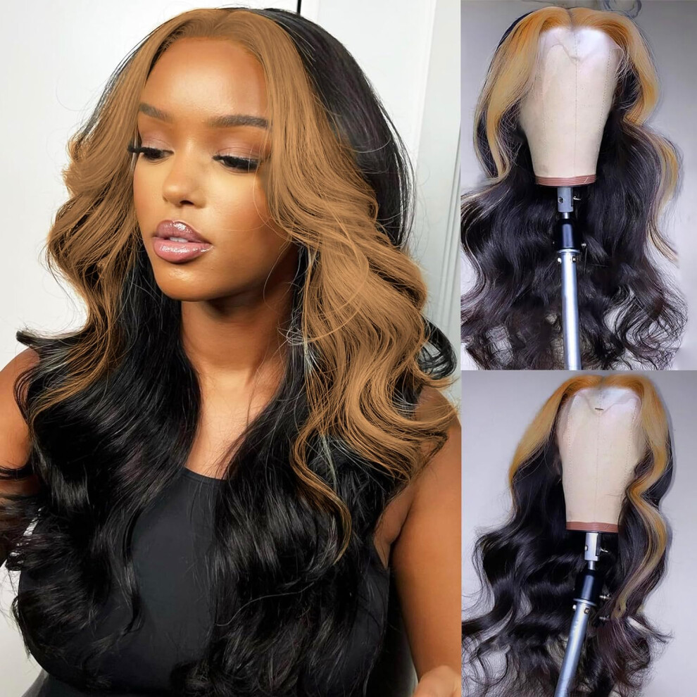 Human Hair Lace Front Skunk Stripe Wig Blonde Highlight Body Wave Glueless 4x4 HD Lace Closure 18 Inch