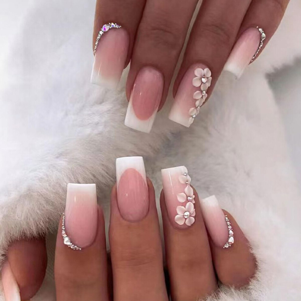 French Ombre Press on Nails with Rhinestones, 24pcs Reusable Square Acrylic Fake Nails for Women