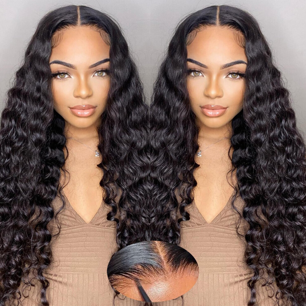 Unisex Black 32 Inch Wet And Wavy Human Hair Lace Front Wig, Glueless Pre Plucked 5X5 Hd Lace Closure, 180% Density Brazilian Virgin Hair For Women