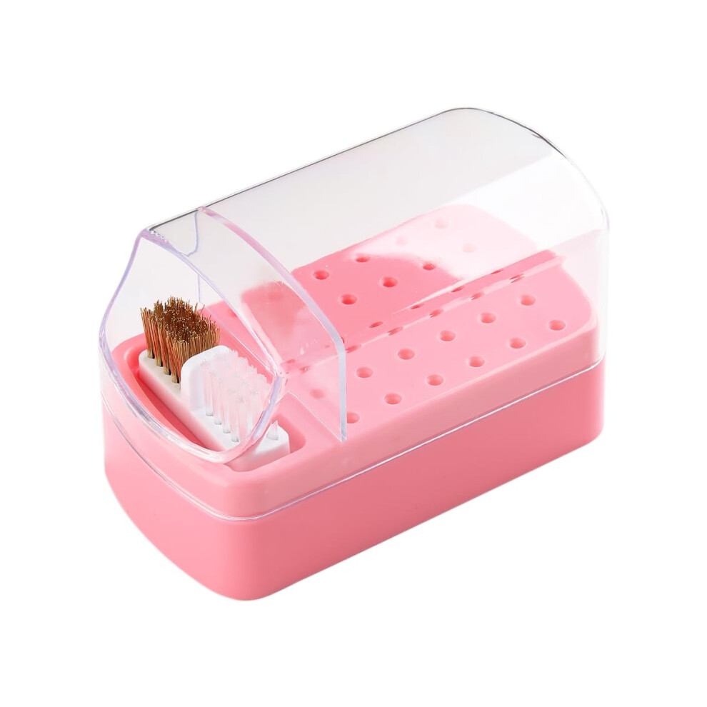 Pink 2 In 1 Nail Drill Bit Holder And Cleaner Box, 30Hole Dust Proof Organizer With Brushes