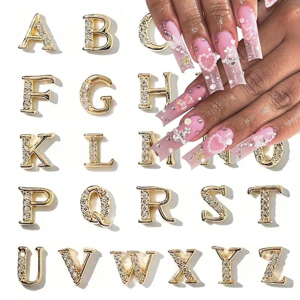 Gold Letter Nail Charms Set 26Pcs 3D Rhinestone Alphabet Nail Art Decorations For Acrylic Nails