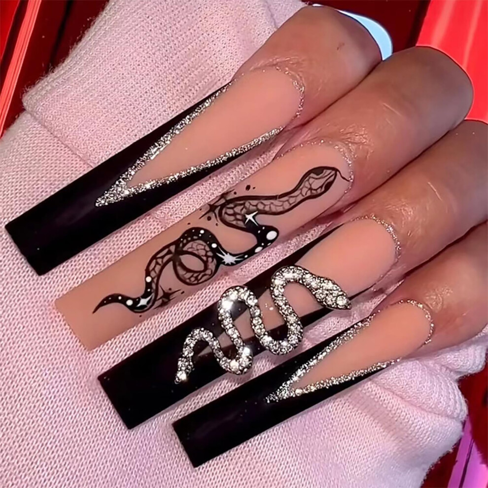 Black Coffin Press On Nails Extra Long Acrylic Snake Rhinestone Design False Nail Set For Women