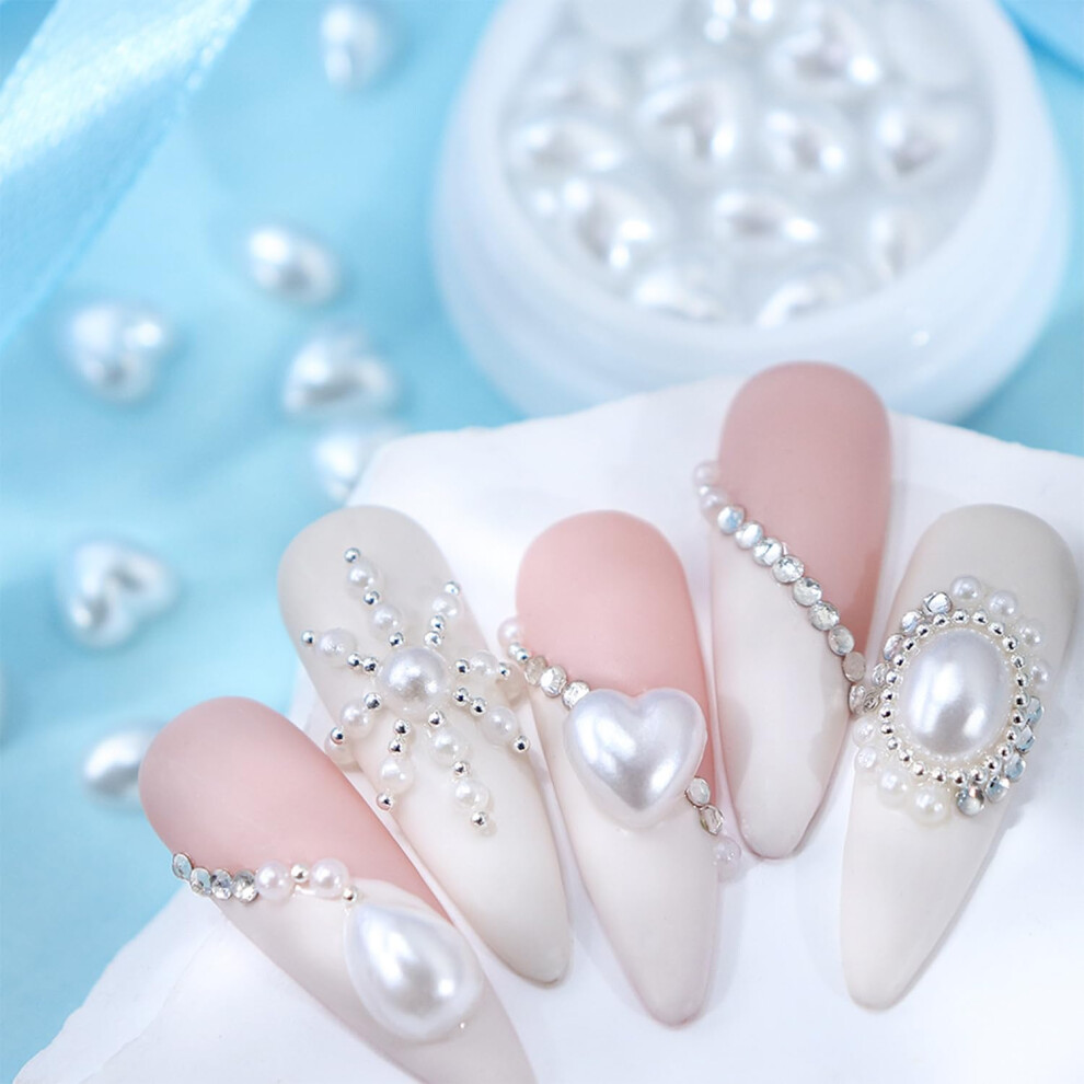 Pearl Nail Charms 3D Glitter Heart and Oval Resin Nail Art Decorations for Acrylic Nails DIY
