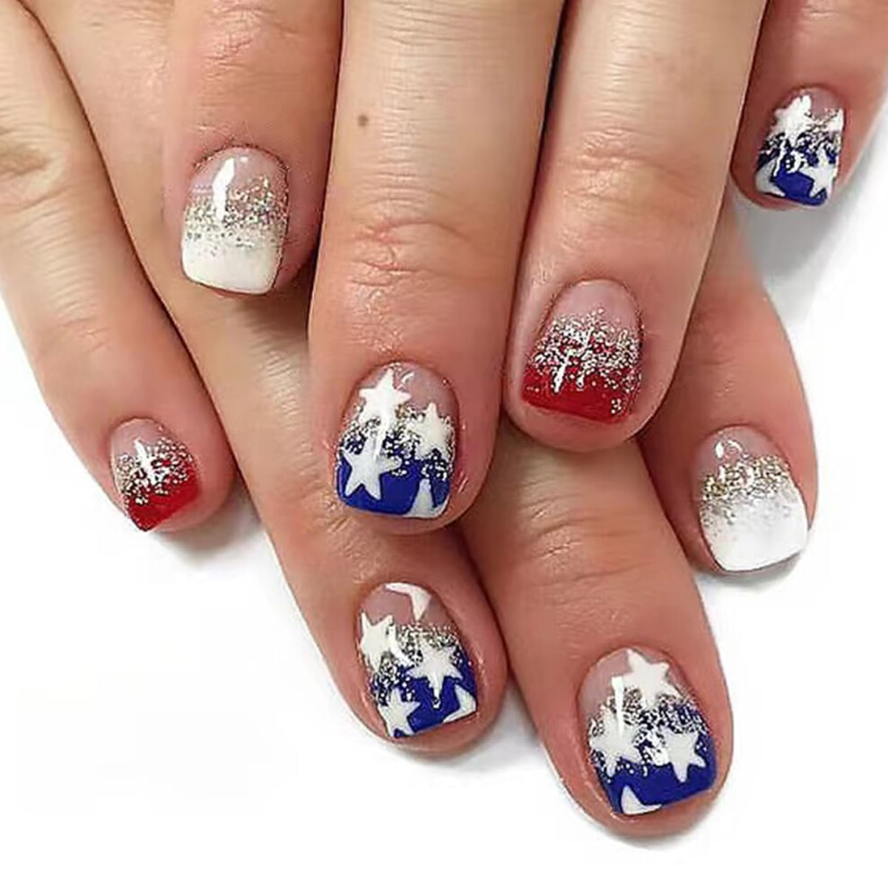 4th of July Press On Nails Short Square American Flag Stars and Stripes Glitter Patriotic Design