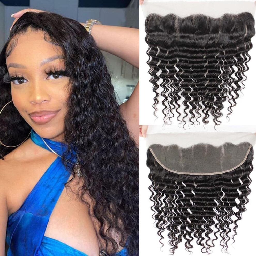 Unisex 13X4 Hd Transparent Deep Wave Lace Frontal Virgin Remy Hair Pre Plucked Bleached Knots 16Inch