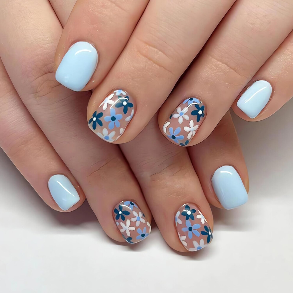 Short Square Press On Nails with Glossy Floral Design, 24pcs Reusable Fake Nails for Women