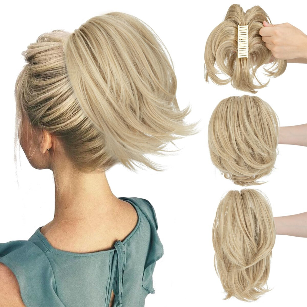 Ponytail Hair Extension Claw Clip Wavy Curly Ash Brown to Ash Blonde with Bendable Core