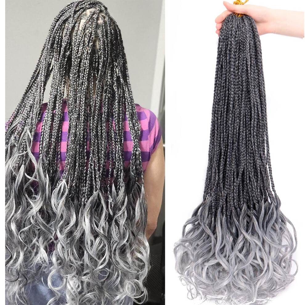 Unisex Grey 24 Inch French Curl Crochet Braids 8 Packs Ombre Goddess Box Braids Prelooped Curly Ends Hair Extensions (1B/Gray)