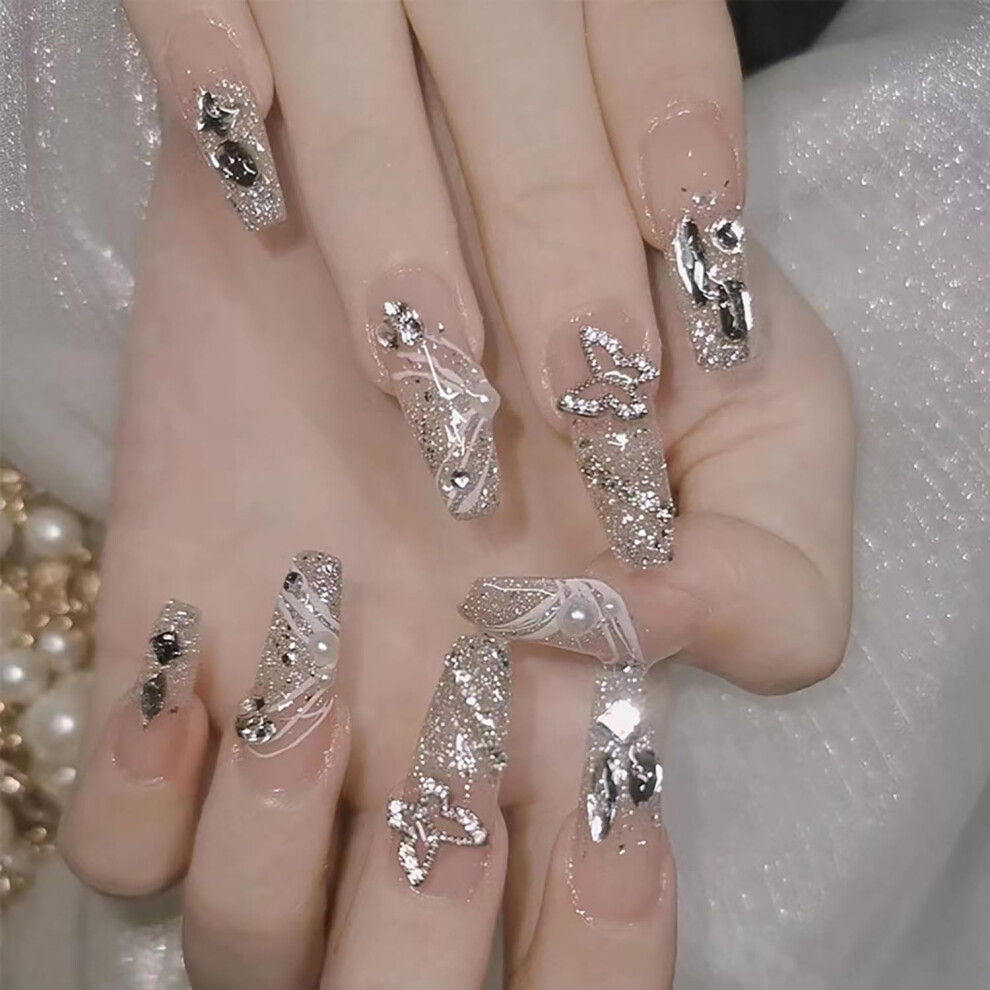 White,Cream Long Coffin Nude Press On Nails With Pearl Rhinestone Charms Instant Salon Manicure 24 Pcs