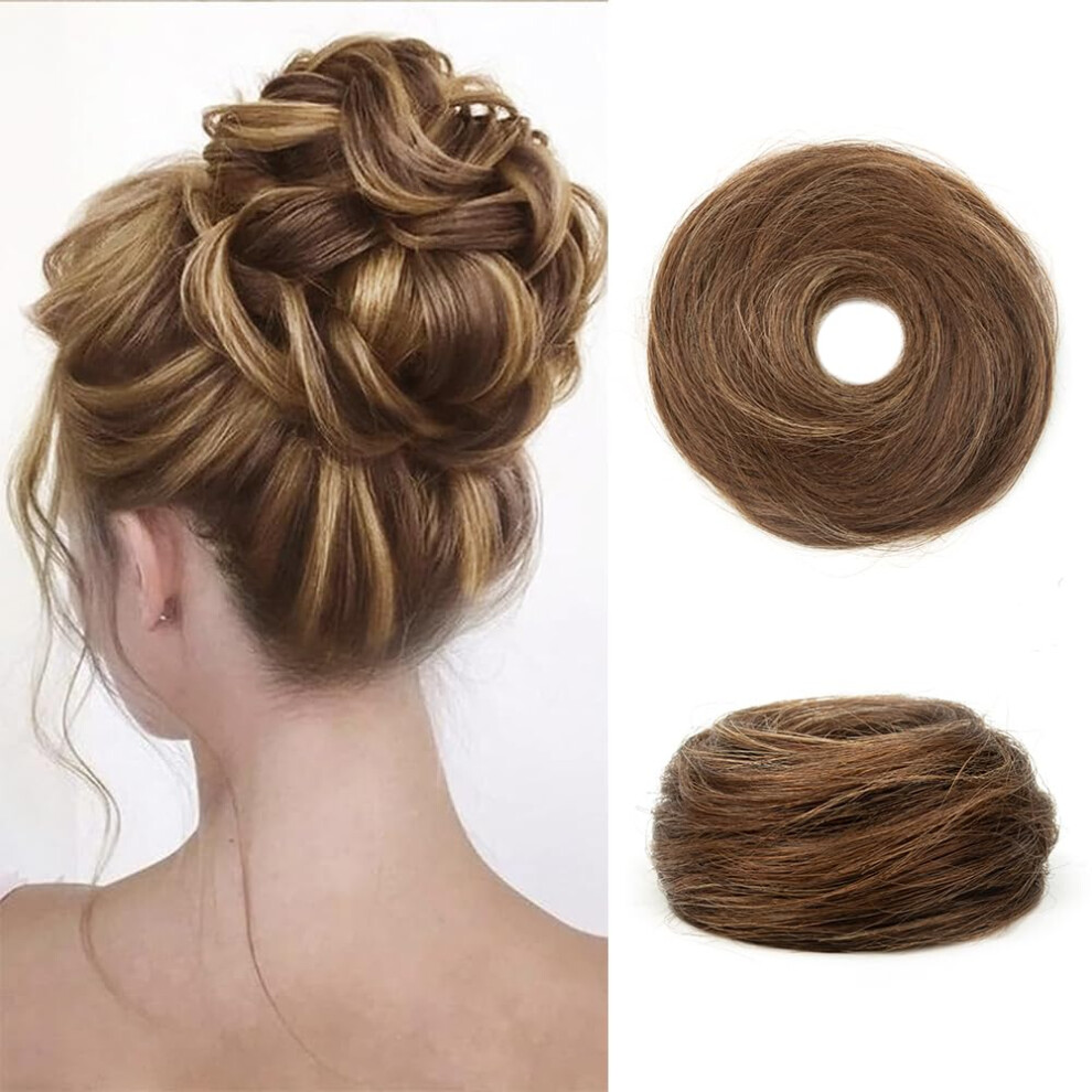 Messy Bun Hair Piece Human Hair Bun Extension with Elastic Band, Medium Brown Highlights