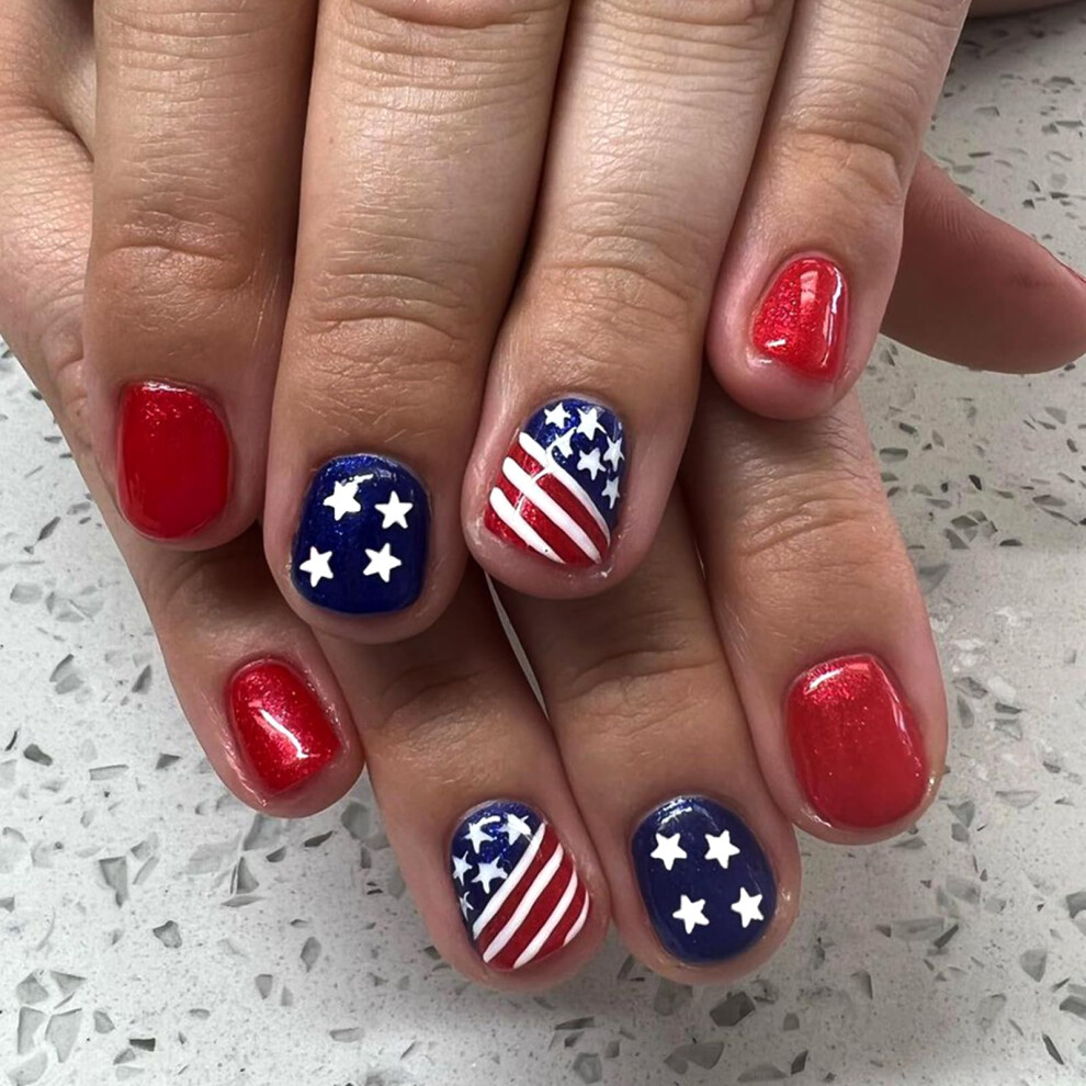 4th of July Press On Nails Short Square Patriotic Glossy Fake Nails with Flag Stars Design 24pcs