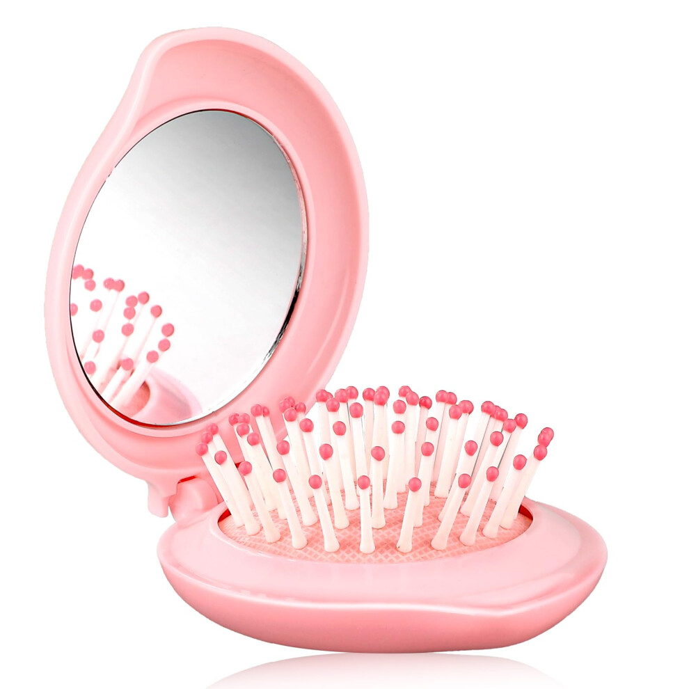 Pink Travel Hair Brush With Mirror, Compact Folding Hairbrush For Women, Gentle Detangling,