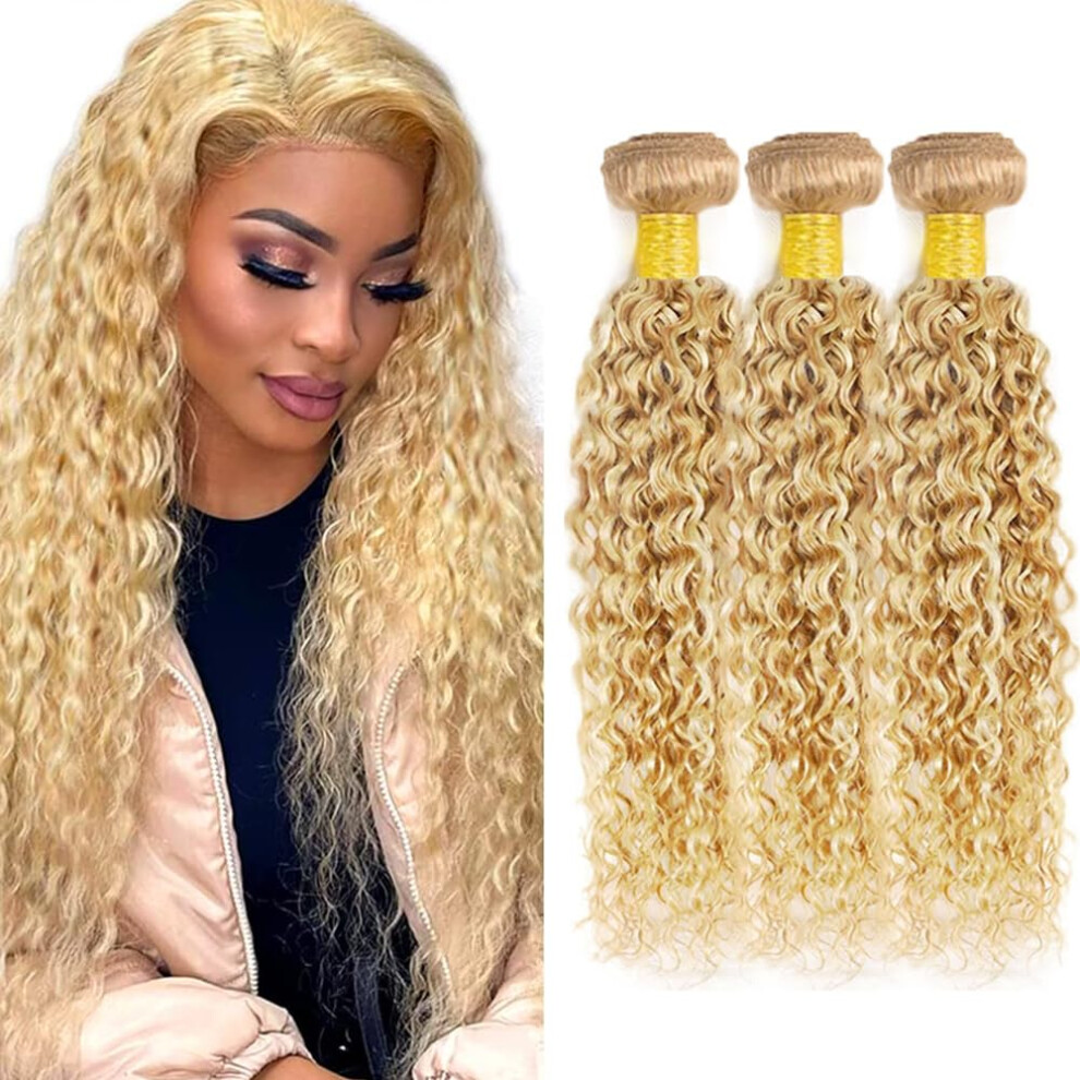 Unisex 613 Blonde Curly Human Hair Bundles 32In And P27/613 Honey Blonde Extensions Triple Weave Set