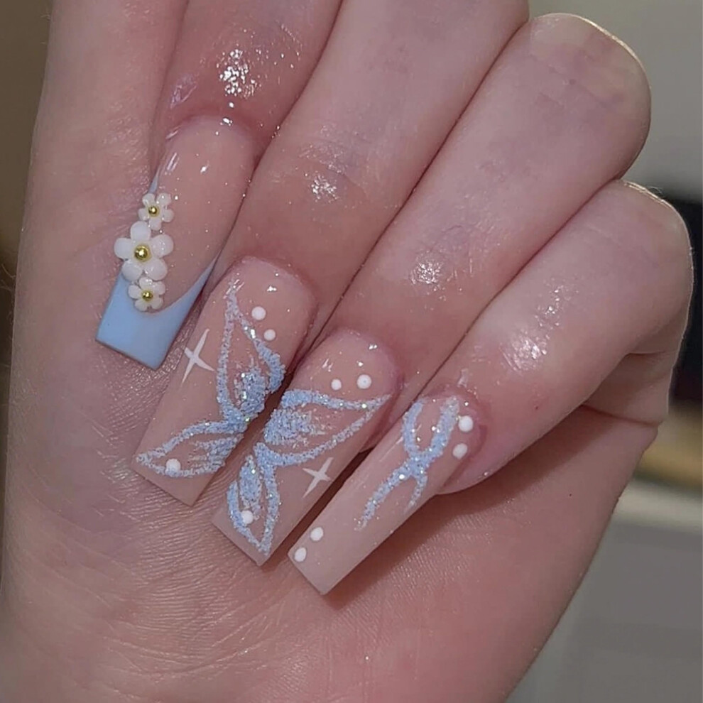 Blue French Tip Press On Nails Long Coffin Fake Nails With Glitter 3D Butterfly Design 24Pcs