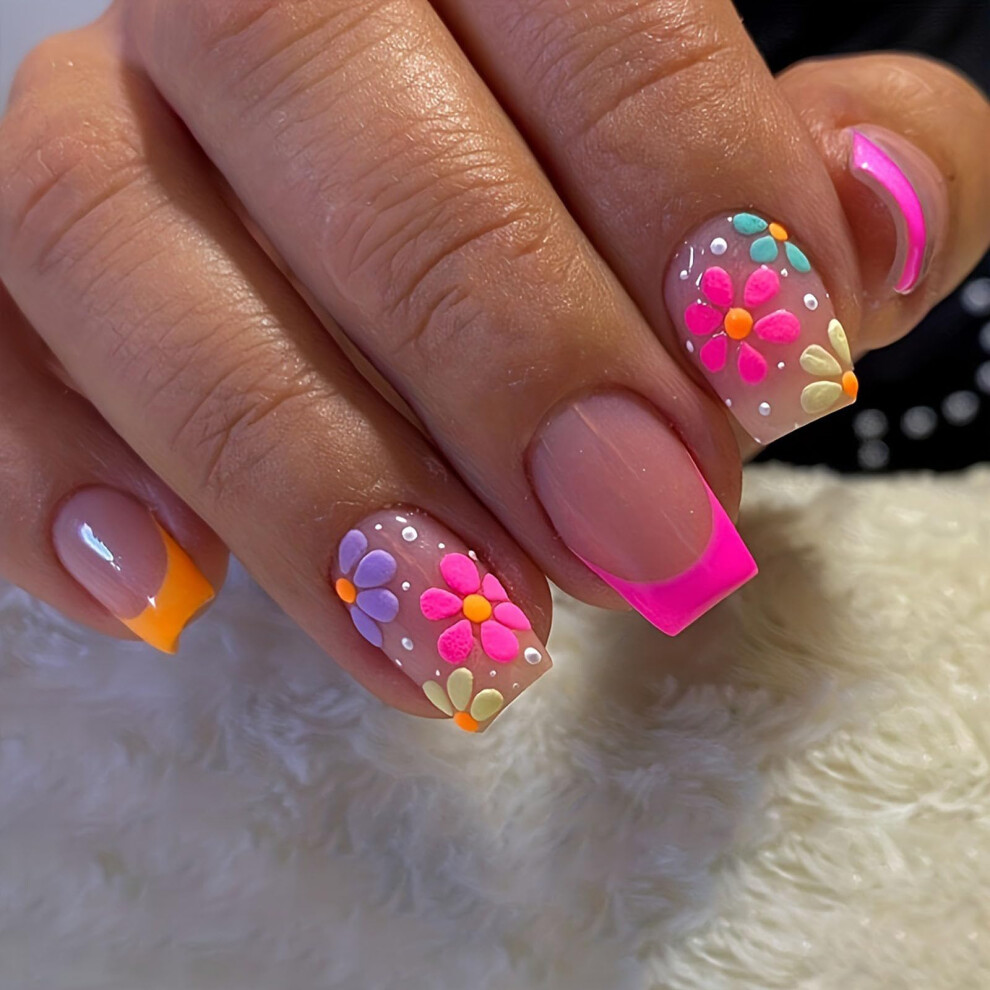 Pink French Tip Press On Nails Short Square Fake Nails With Floral Design And Jelly Glue