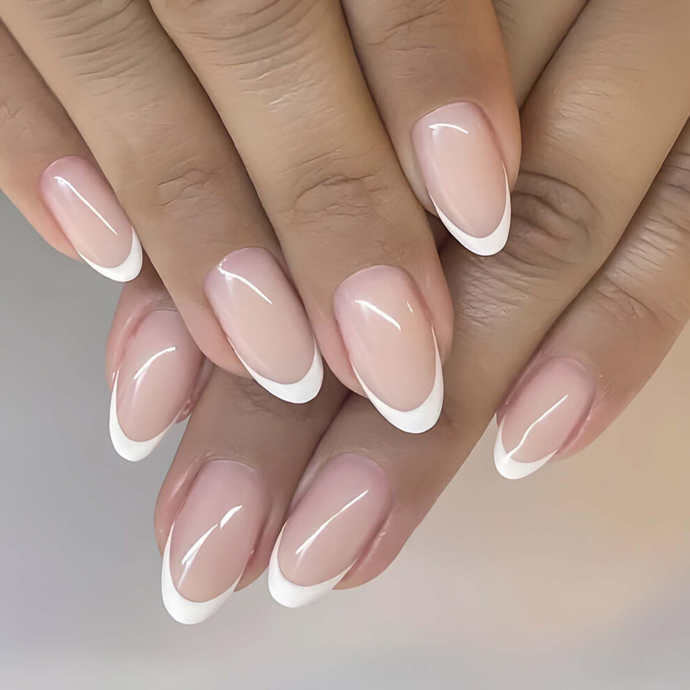 Cream Short Nude French Press On Nails 24Piece Set Round Glossy Fake Nails With Glue