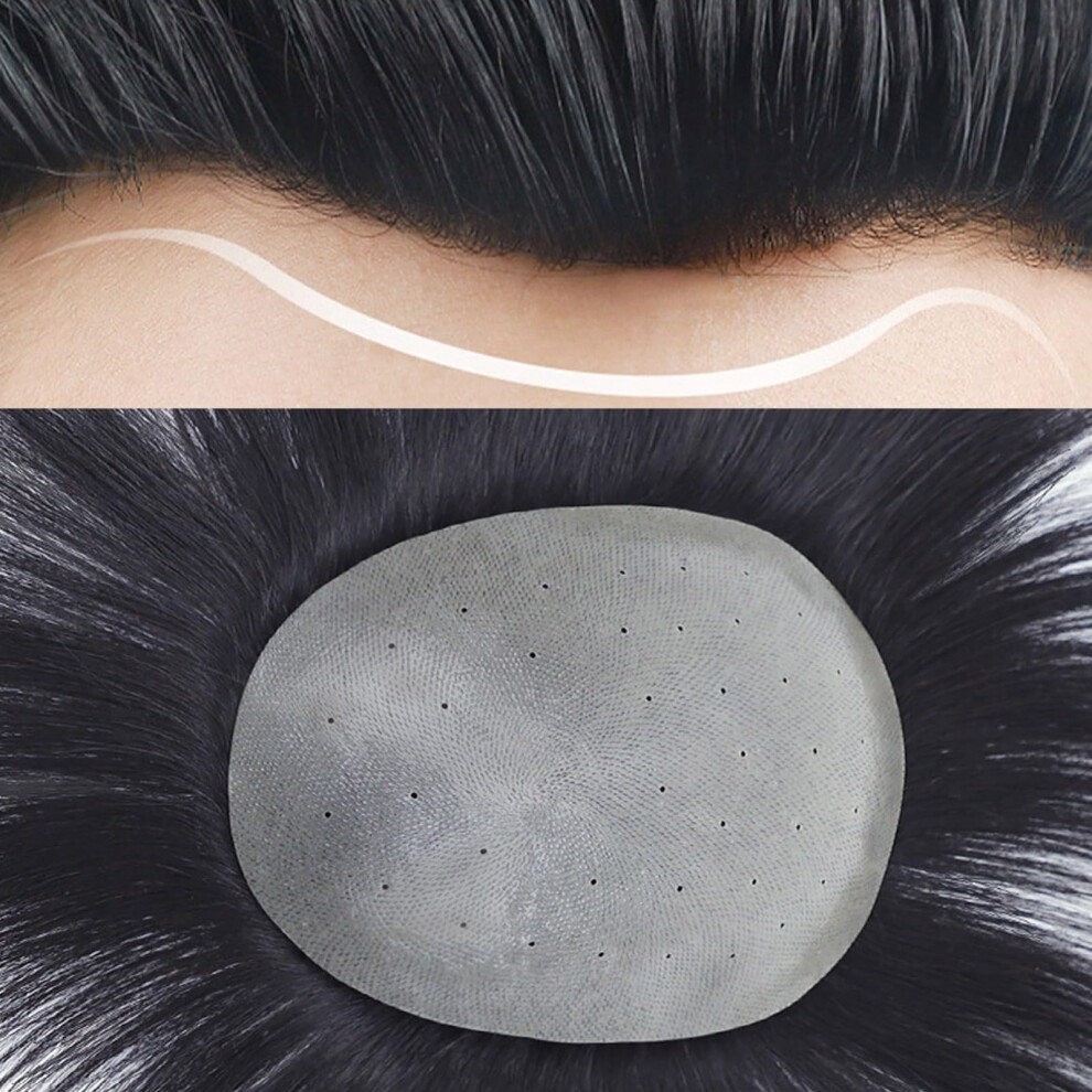 Mens Hair Toupee Ultra Thin Skin VLoop Full Poly PU Human Hair Wig for Men Hair Loss Black 16x22cm