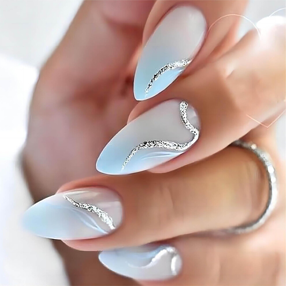 Blue Almond Press On Nails Ombre Medium Fake Nails With Glitter Silver Ripple Design 24Pcs