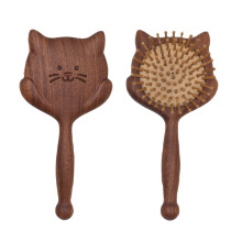 Wooden Hair Brush Sandalwood Paddle with AntiStatic Bamboo Bristles and Carved Cat Pattern for Women