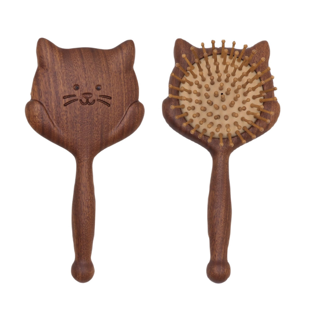 Wooden Hair Brush Sandalwood Paddle with AntiStatic Bamboo Bristles and Carved Cat Pattern for Women